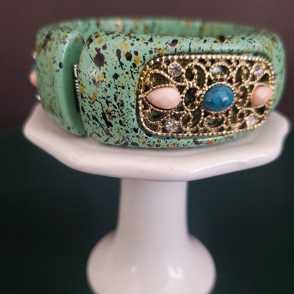 Heavy Green Splatter Hinged Bangle with Filigree Inserts with Beads and Crystals - Picture 2 of 11